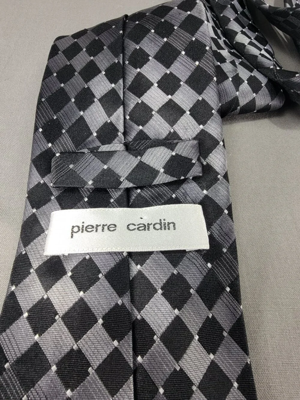 Pierre Cardin Silk Necktie Tie Mens Black Silver Geometric Square Diamond